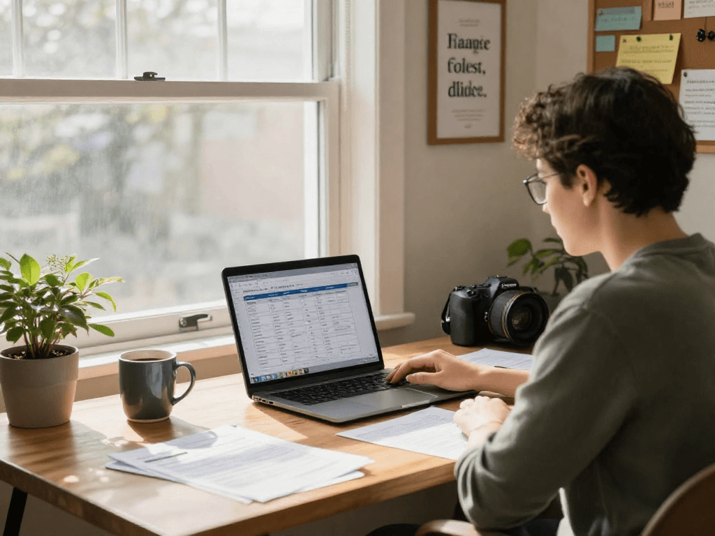 Debt consolidation Canada process in a cozy home office with financial documents and calculator.
