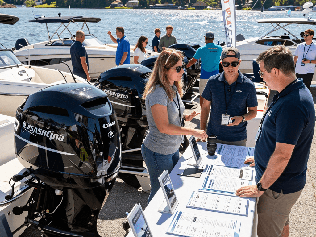 Outboard motors for sale online displayed at a bustling boating expo with enthusiastic customers exploring options.