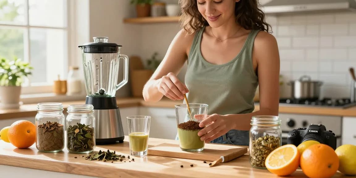HappyGoLeafy woman mixing Kratom powders in a sunny kitchen