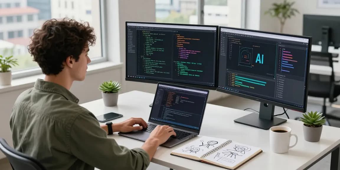 Developer working on AI agents in a modern tech workspace with dual monitors, coffee, and urban scenery.
