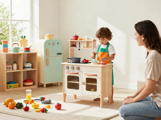 Child playing at a bright play kitchen, surrounded by colourful toys and accessories, engaging in imaginative cooking.