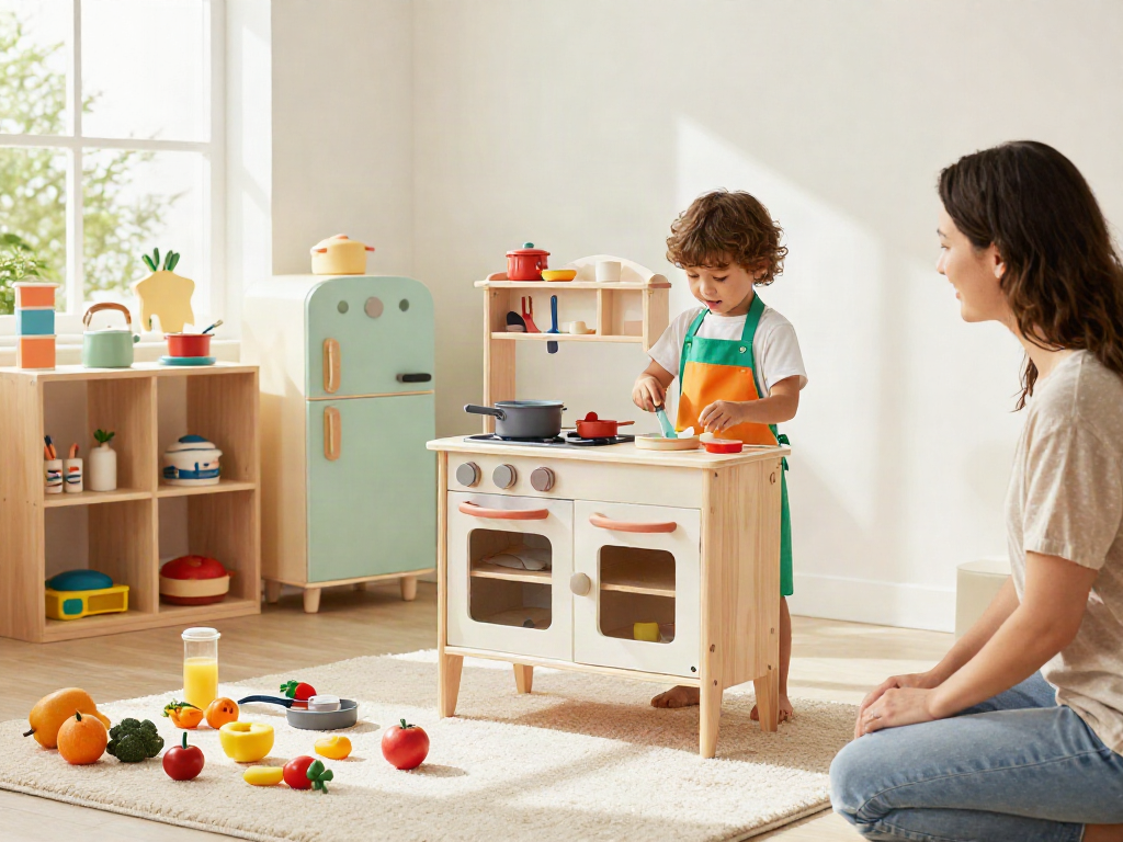 Child playing at a bright play kitchen, surrounded by colourful toys and accessories, engaging in imaginative cooking.