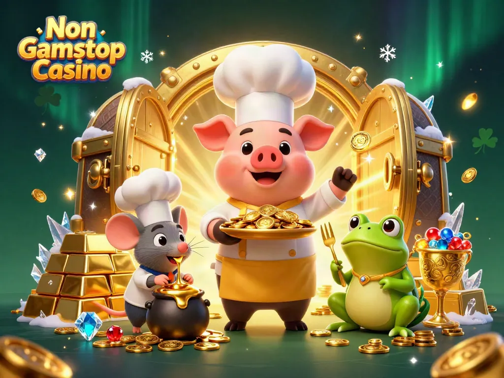 Experience the thrill of Non Gamstop Casino with whimsical characters serving treasures in a dynamic scene.