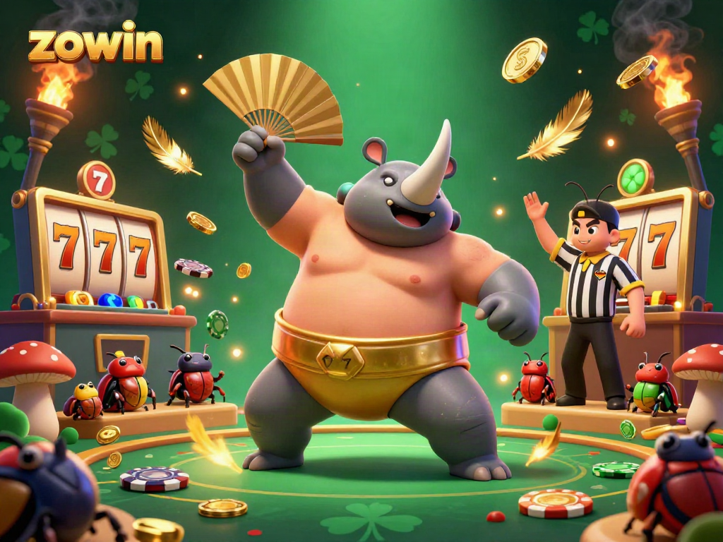 Engage in dynamic gameplay with Zowin's vibrant illustration of a beetle sumo champion amidst flying coins and jackpot slots.