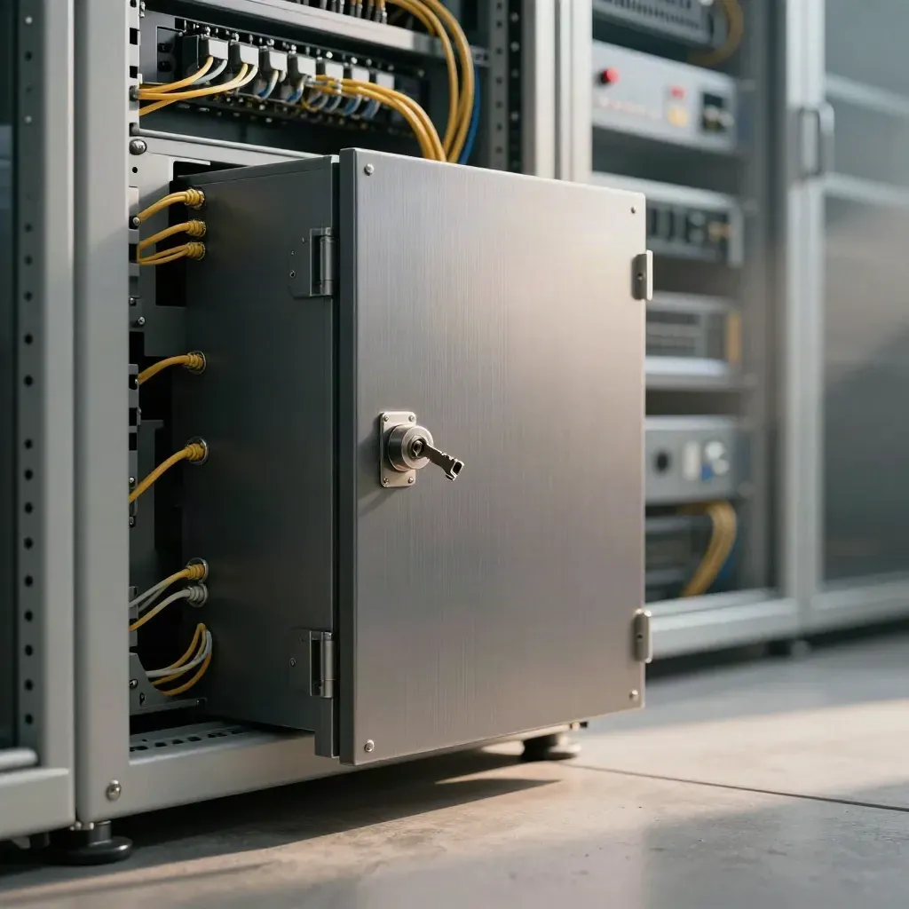 Intrusion-prevention appliance beside a locked rack cabinet with clipped fibre runs in a UK server room.