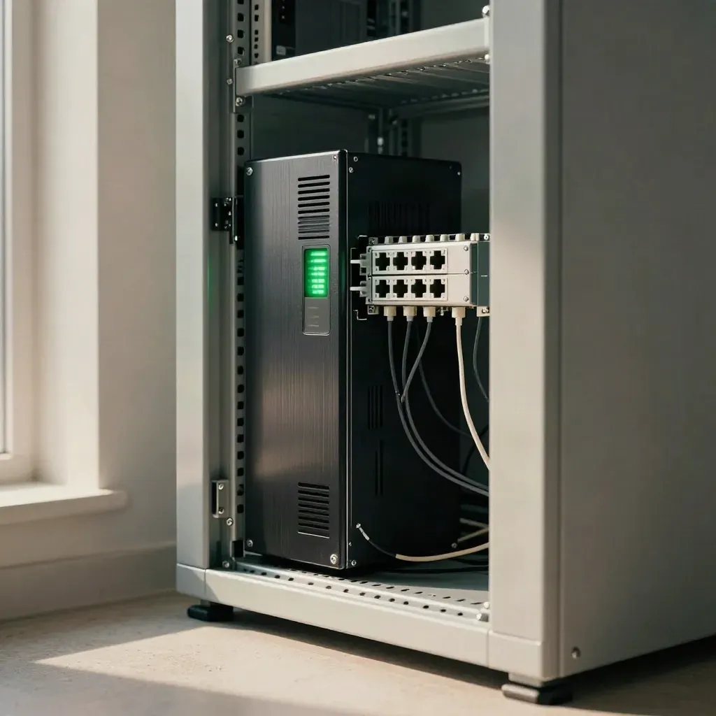 Locked firewall rack blocks a bad inbound route, with dark ports and a faint green status LED.