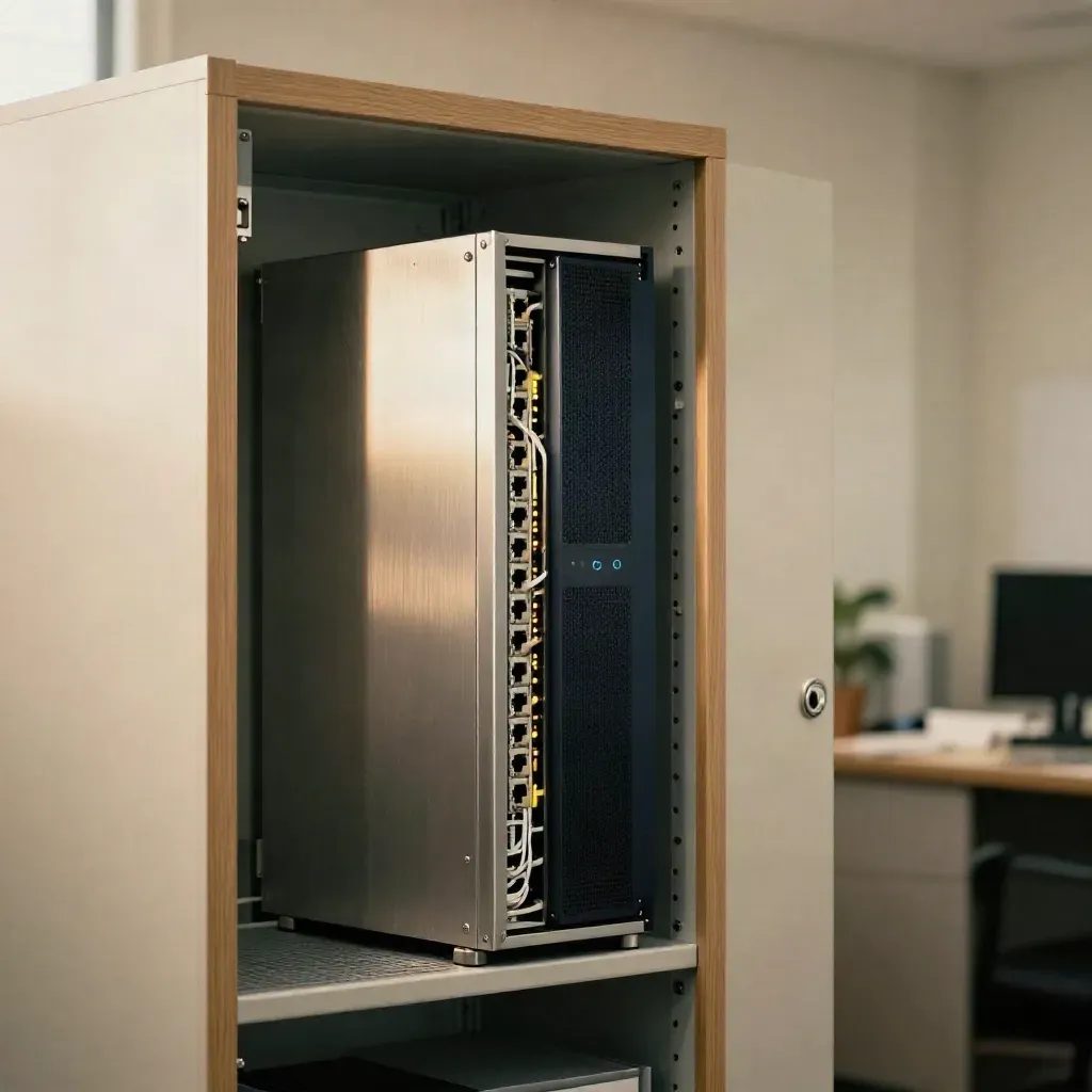 Firewall appliance in a tidy UK comms cupboard with patch panel, UPS and neat cabling.