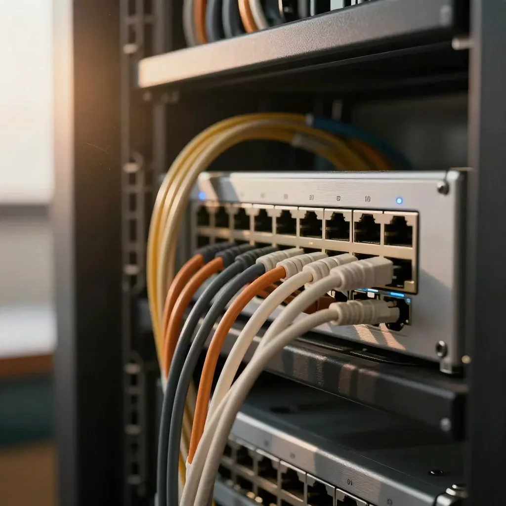 Macro rack shelf with firewall, patch leads, and clean network ports in warm light.