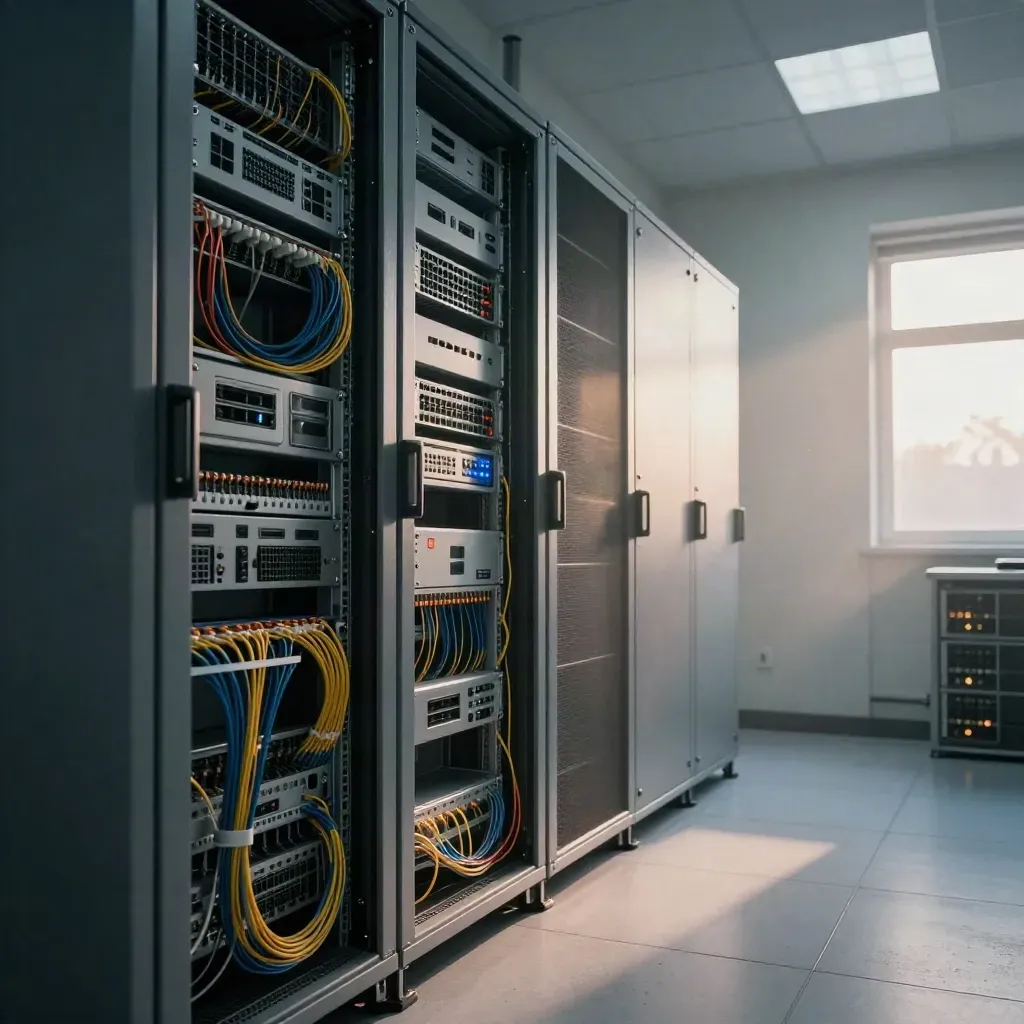 Rack-mounted firewall hardware glowing in a UK comms room at dawn