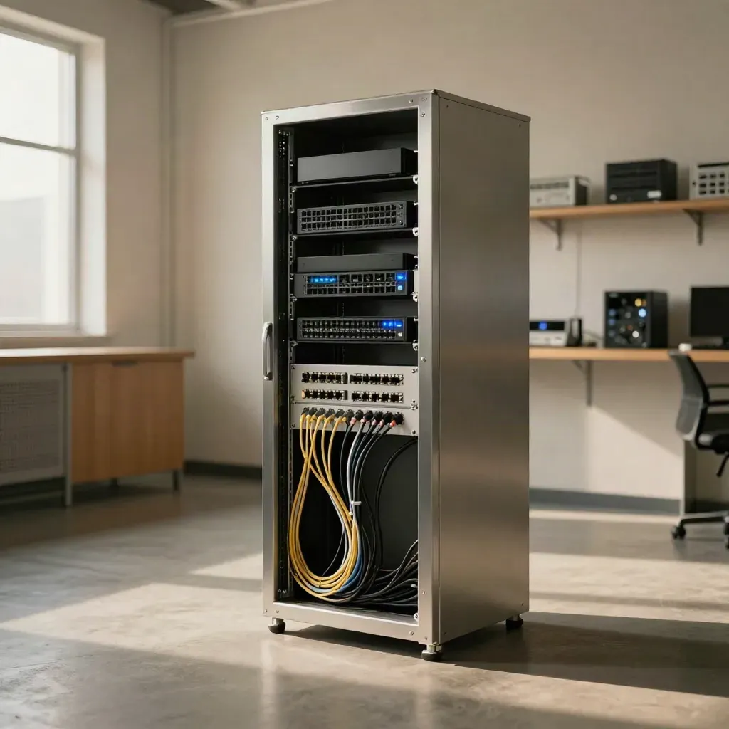 Empty retail comms room with locked cabinet, glowing routers and tidy cables in warm daylight.