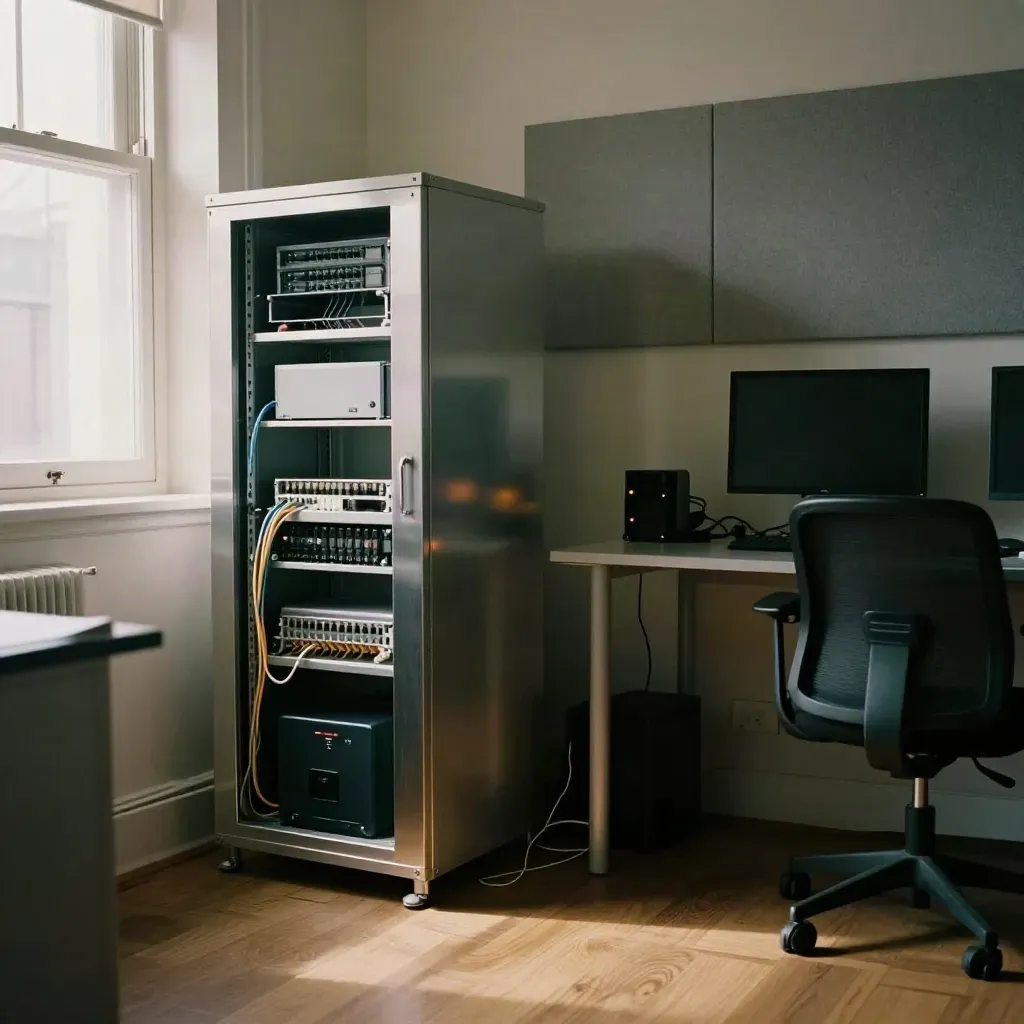 Quiet Manchester office comms cabinet beside an idle workstation with tidy patching and soft amber lights.