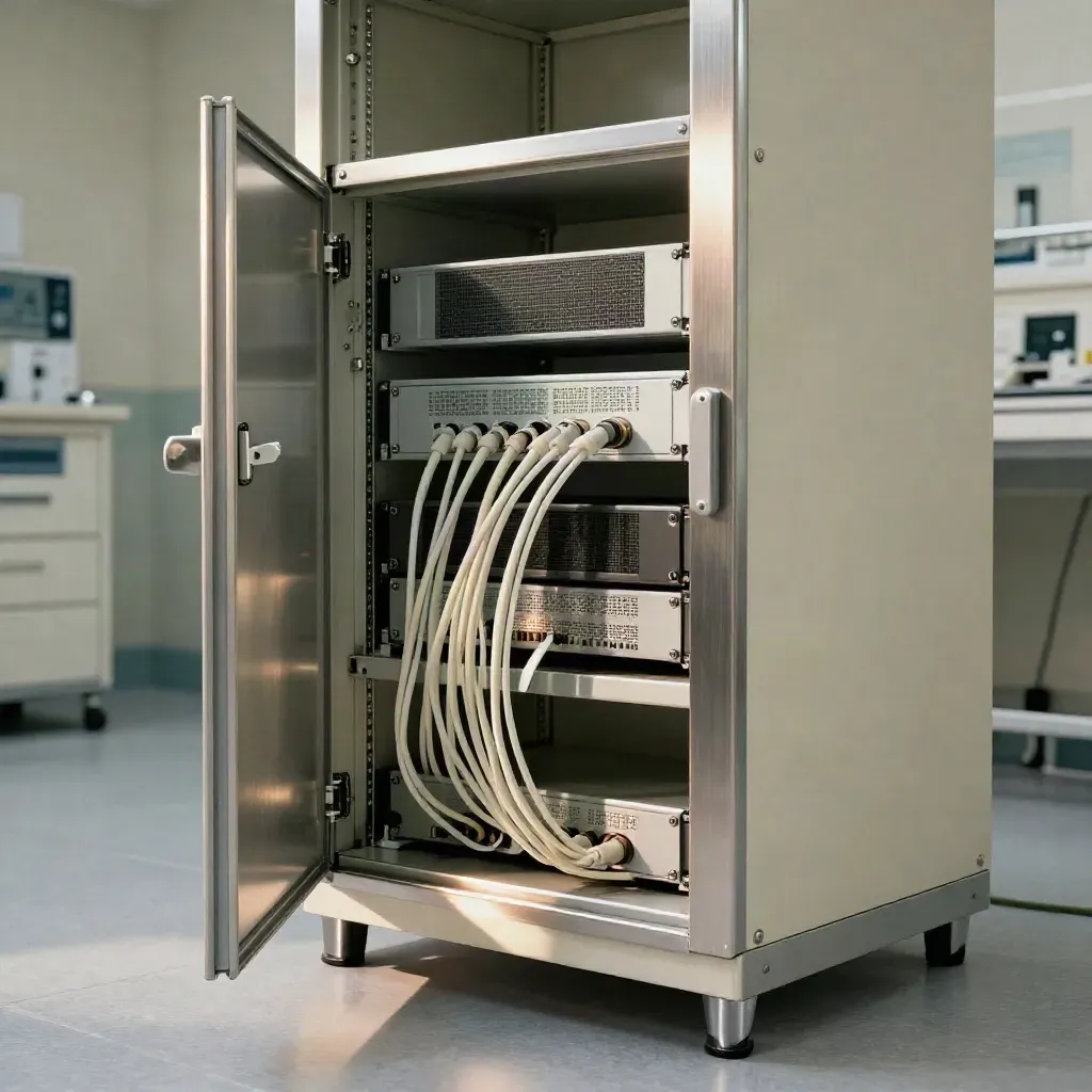 Clinic network cabinet with sealed ports, tidy cabling and glowing hardware in a sterile closet