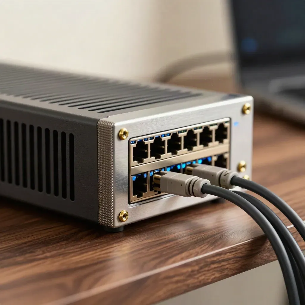 Macro of a firewall appliance port cluster with brass screws and blue-lit patch leads on a walnut bench.