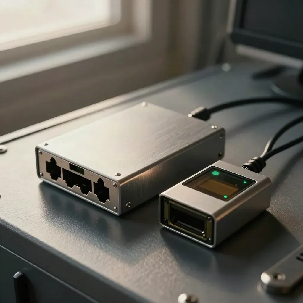 Top-down network tap, sealed log drive and status pod on a dark industrial surface