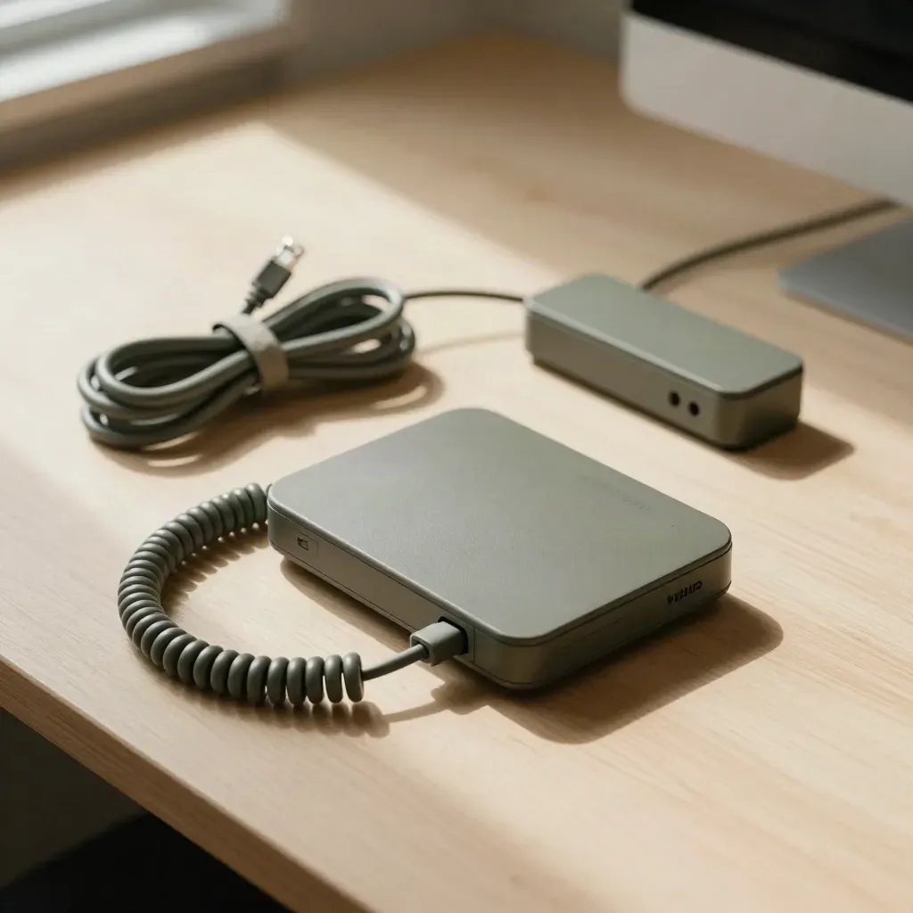VoIP phone base, coiled ethernet lead and cable organiser on pale wood in soft directional light