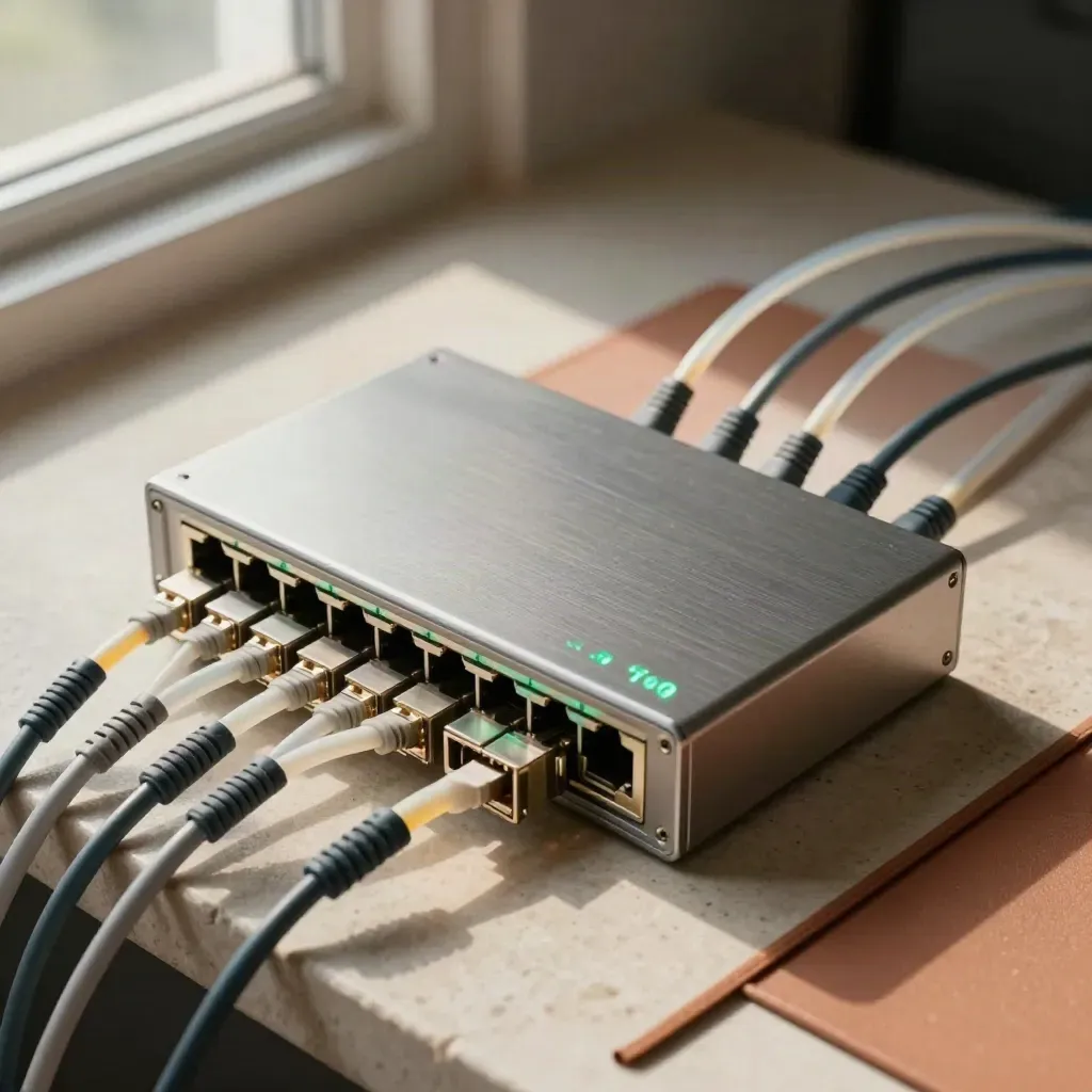 Overhead still life of network switch, fibre leads and SFP modules on pale stone.
