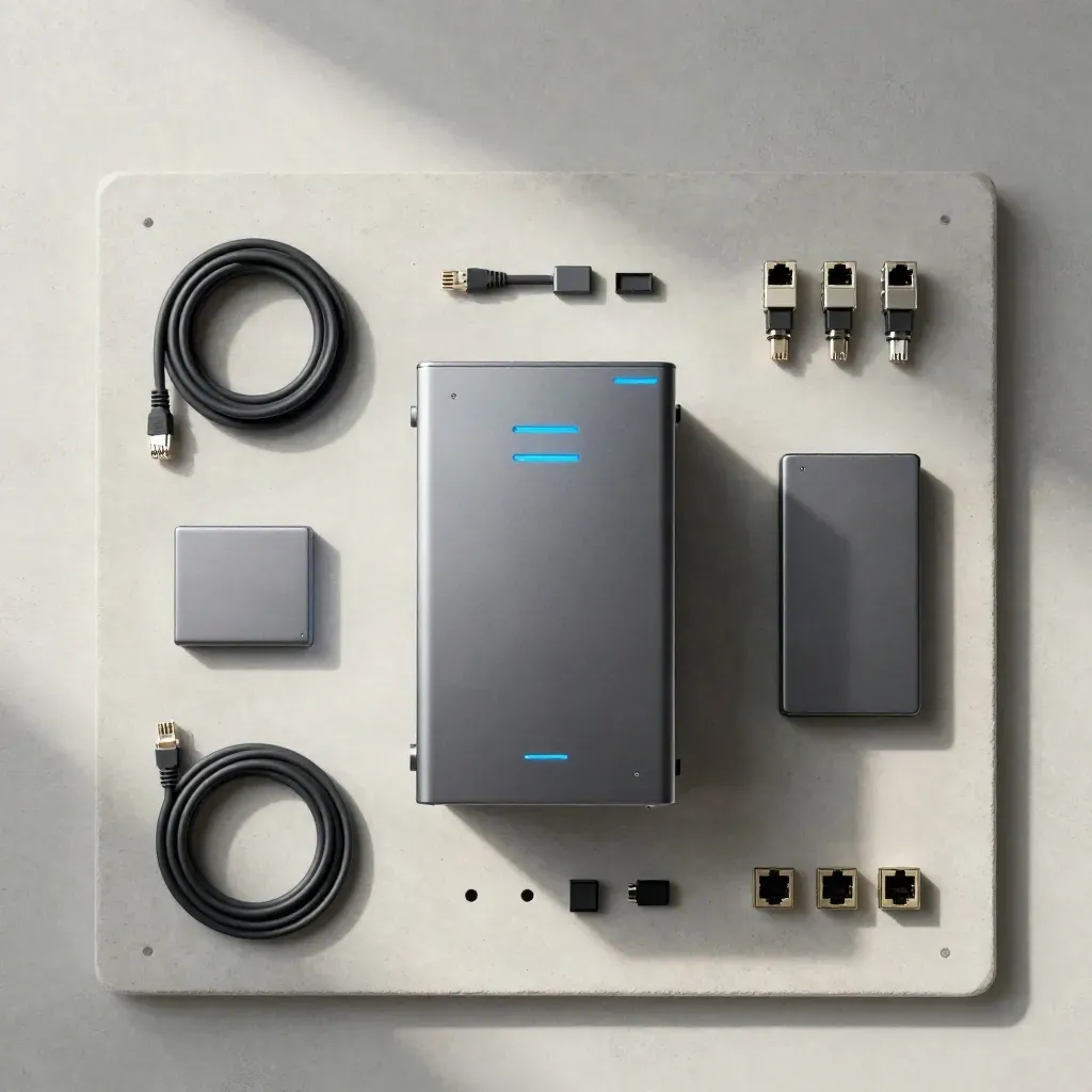 Overhead firewall review kit with appliance, switch, cable and adapters on pale concrete.