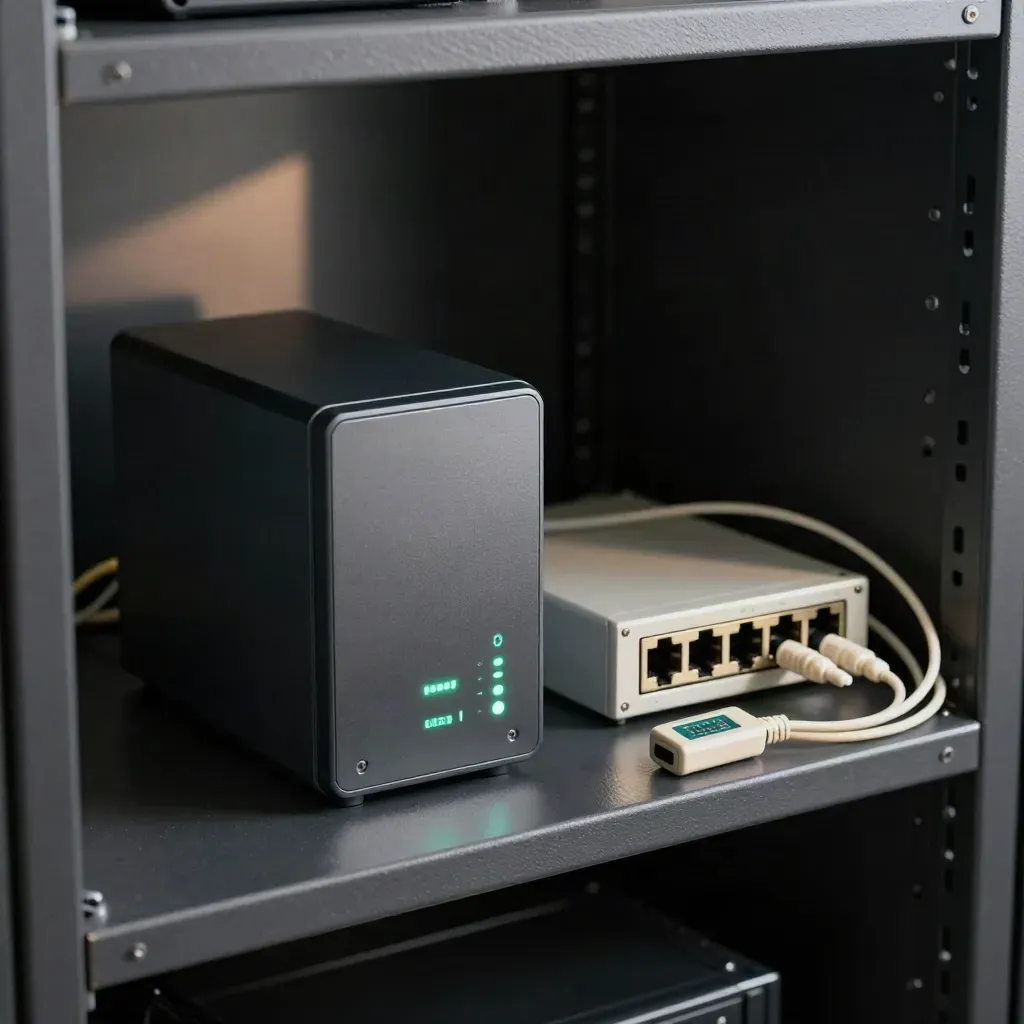 Firewall appliance, switch and fibre cable on a dark shelf with green status lights
