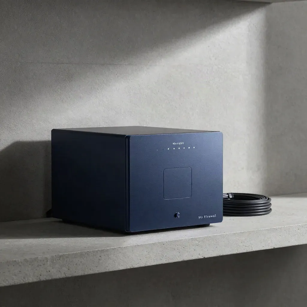 Firewall appliance, UPS faceplate and cable coil on a pale stone shelf in soft side light.
