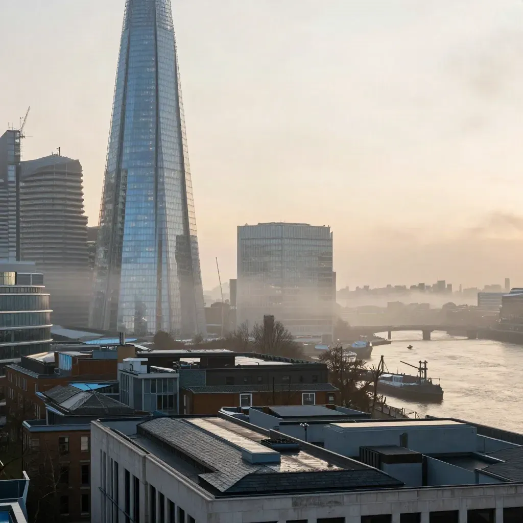 London skyline and Thames haze at dawn with warm light and open mist