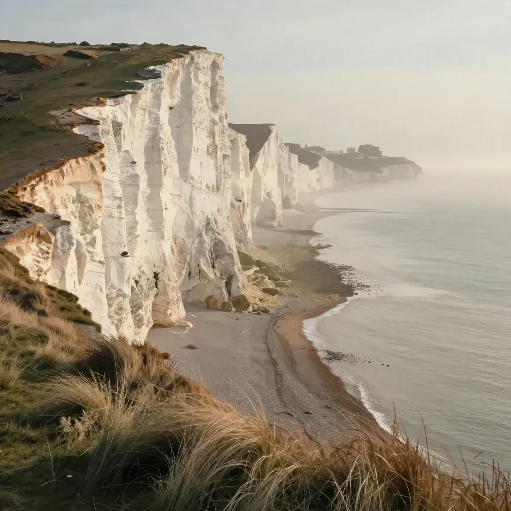 Warm chalk cliffs and misty coast in South East England.