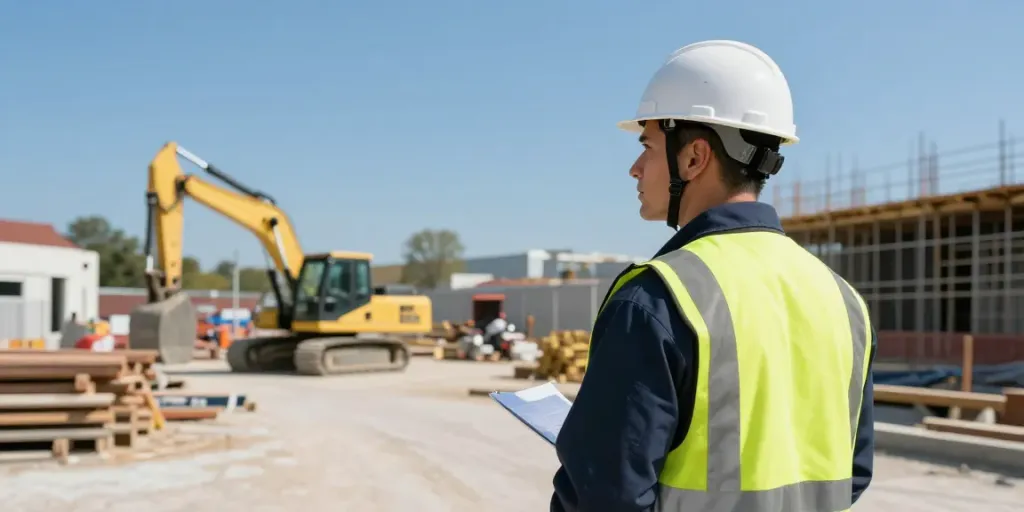 Construction Site Security guard monitoring a busy construction site, ensuring safety for local businesses.