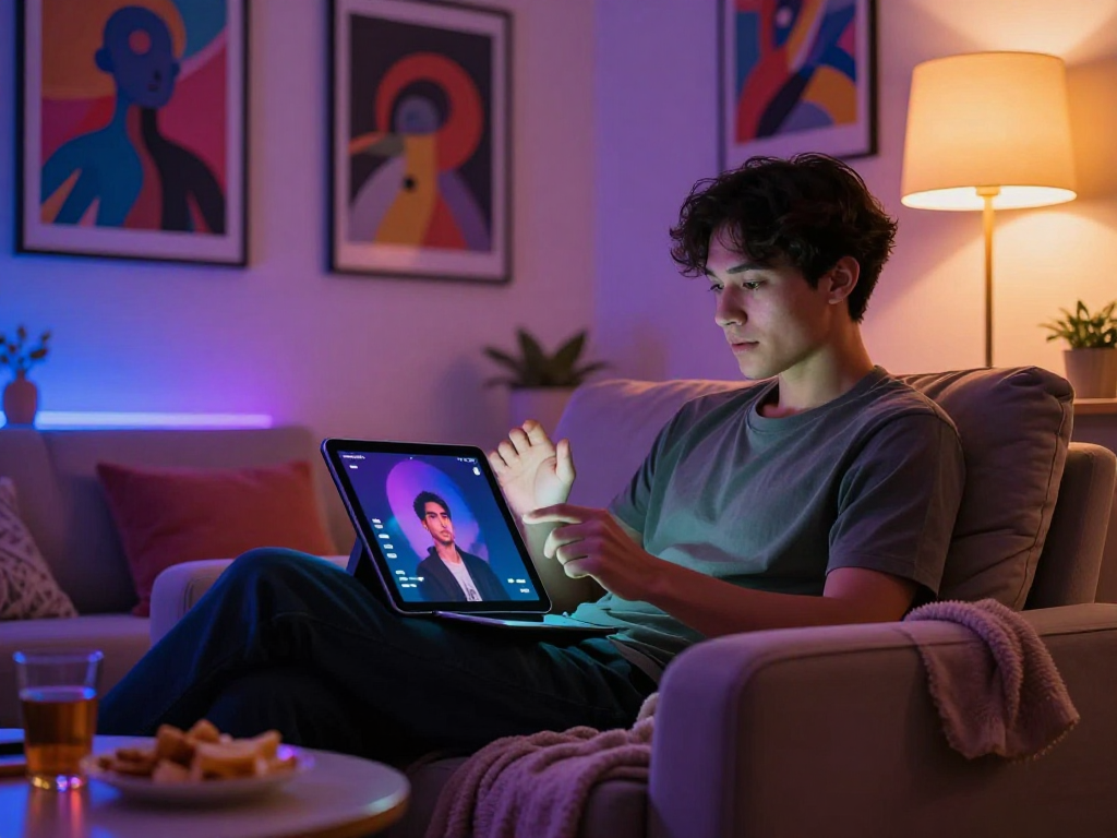 Immersive ai porn chat experience in a cozy tech environment with virtual assistant.