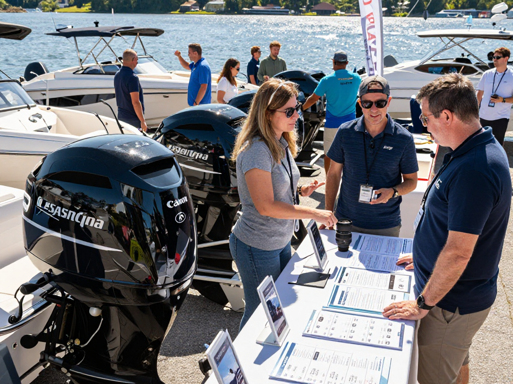 Outboard motors for sale online displayed at a bustling boating expo with enthusiastic customers exploring options.