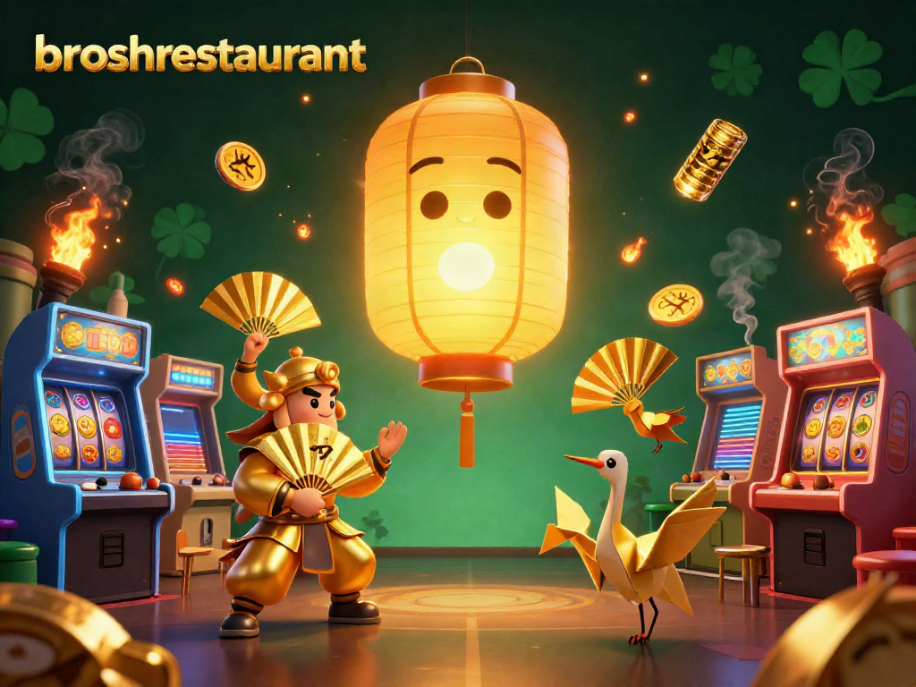 Win big at broshrestaurant with a vibrant casino scene featuring lucky symbols and arcade vibes.