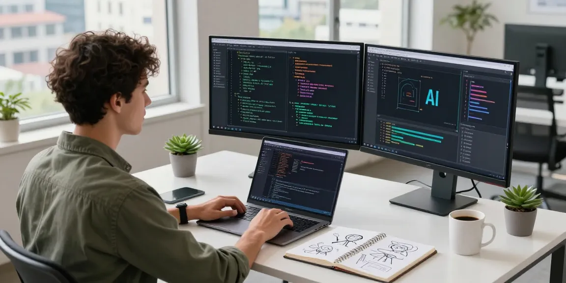 Developer working on AI agents in a modern tech workspace with dual monitors, coffee, and urban scenery.