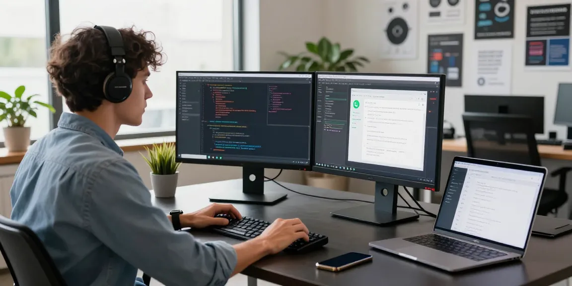 Developer coding for WhatsApp下載 in a modern workspace with dual monitors and natural light.