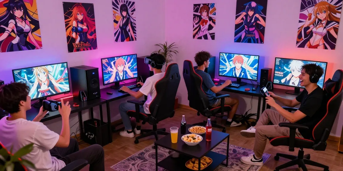 Group of friends enjoying a hentai game in a cozy gaming room.