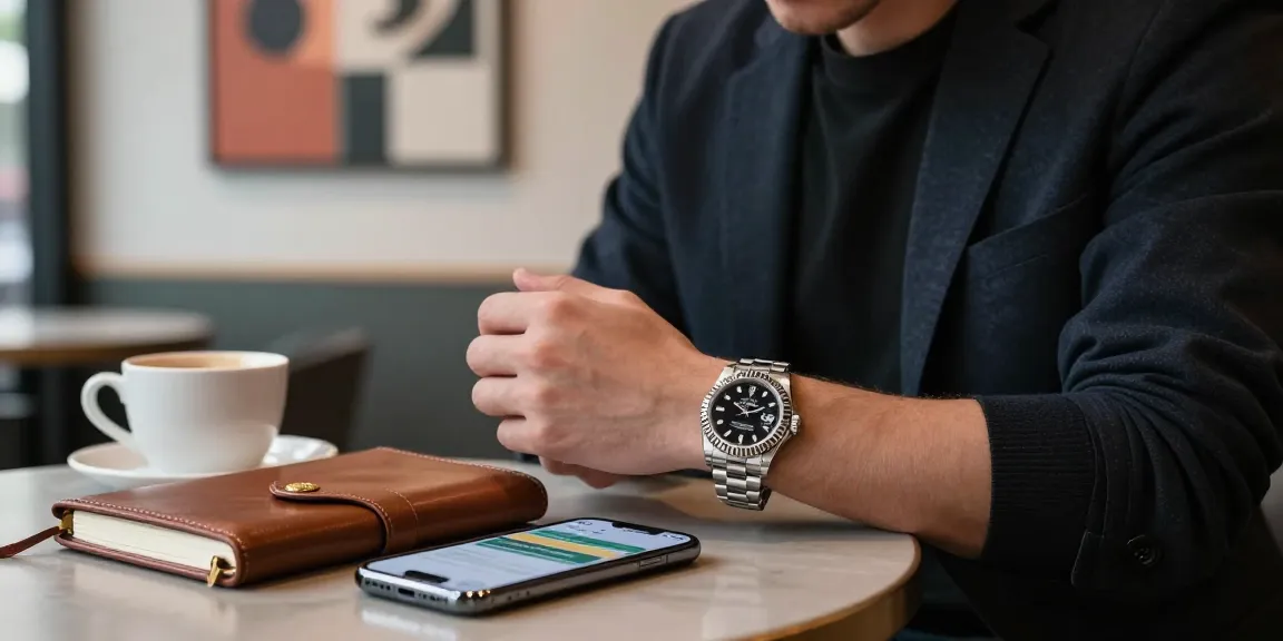 Examine rolex super clone watches in an elegant urban cafe setting with refined accessories.