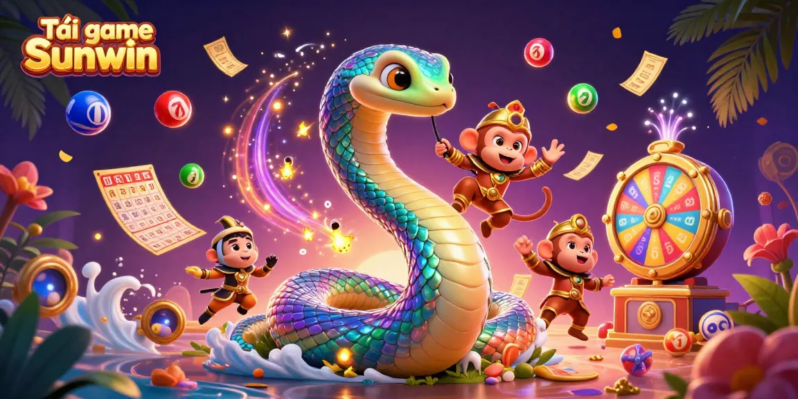 Tải game Sunwin to enjoy vibrant 3D colorful elements including a rainbow serpent and interactive lottery features.