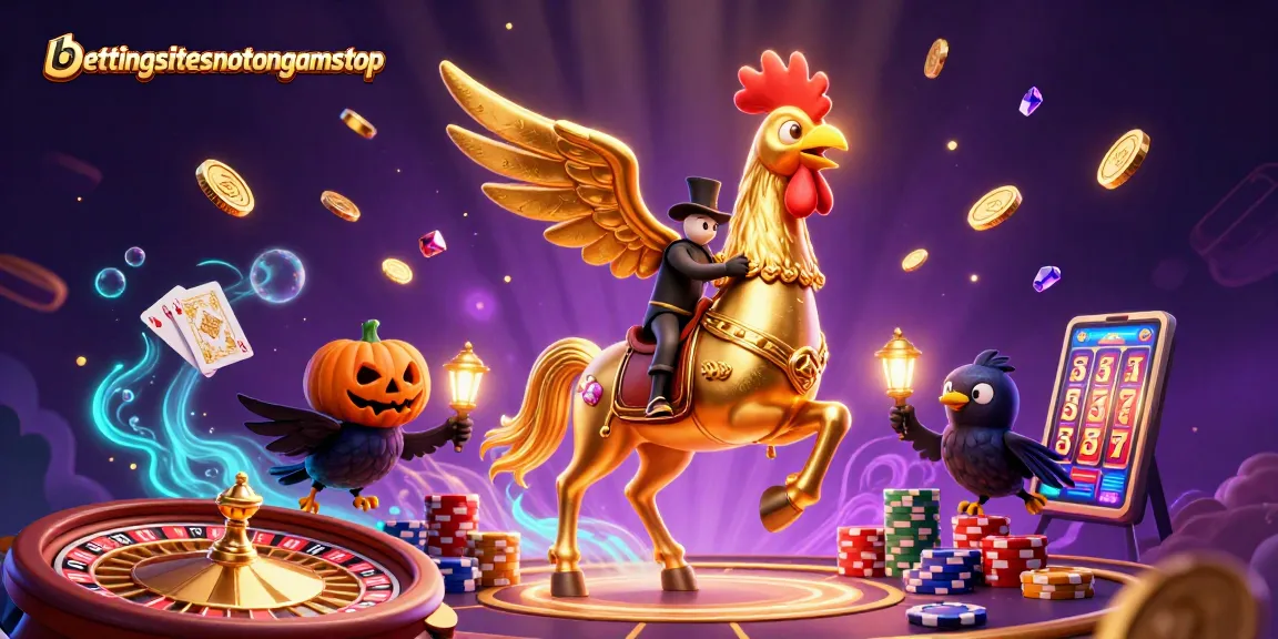 Experience excitement at bettingsitesnotongamstop with a golden rooster headless horseman amidst spinning roulette and flying coins.
