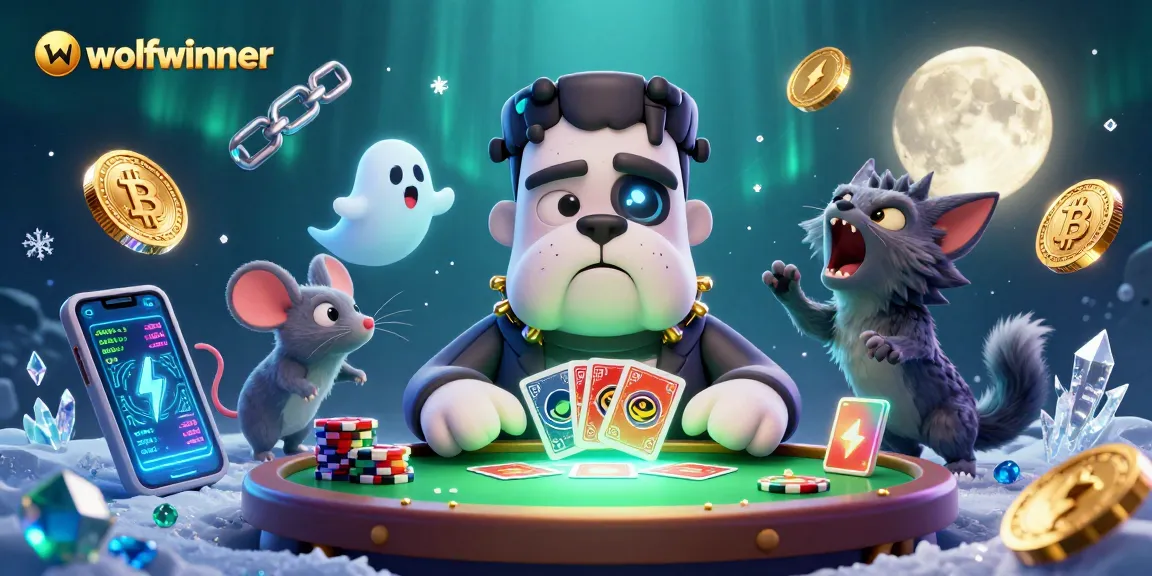 Engage with wolfwinner's thrilling casino scene featuring vibrant characters and crypto elements.
